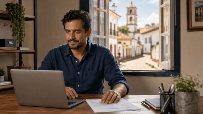Empreendedor organizando documentos para abrir CNPJ em Itu em escritório iluminado