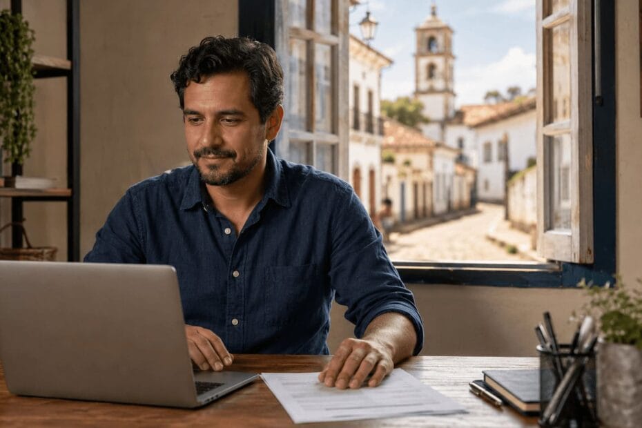 Empreendedor organizando documentos para abrir CNPJ em Itu em escritório iluminado