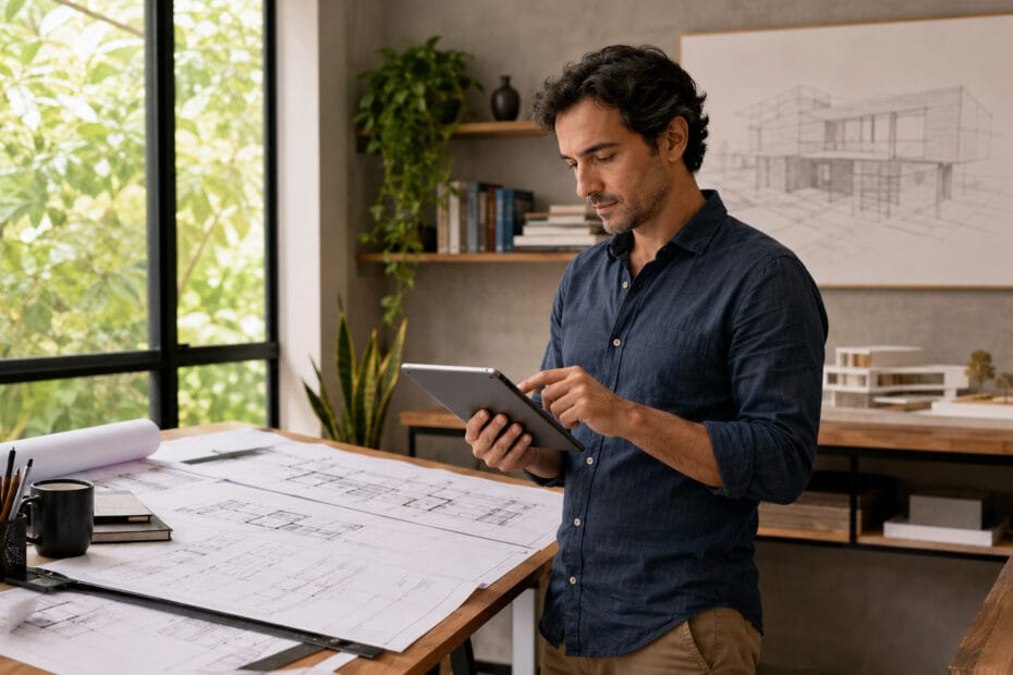 arquiteto revisando finanças do escritório, tema de contabilidade para arquitetos