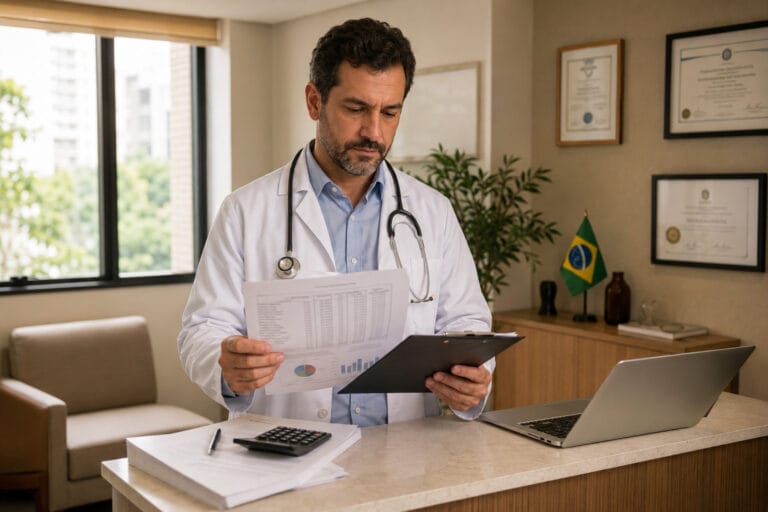 Médico organizando a contabilidade para médicos em consultório