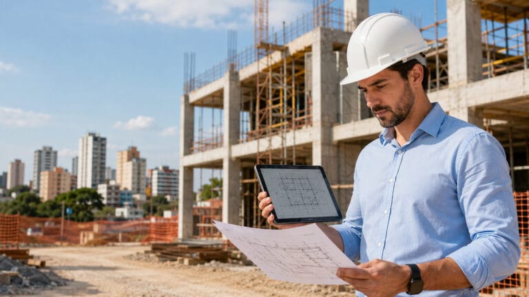 engenheiro conferindo planta em canteiro de obra, uma das dicas para engenheiros pagar menos impostos é regularizar o CNPJ
