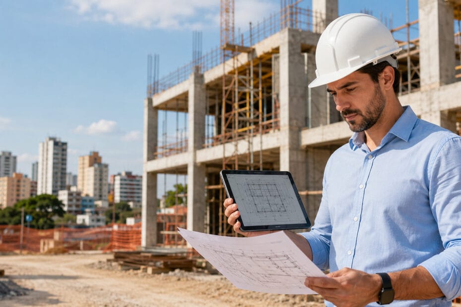 engenheiro conferindo planta em canteiro de obra, uma das dicas para engenheiros pagar menos impostos é regularizar o CNPJ