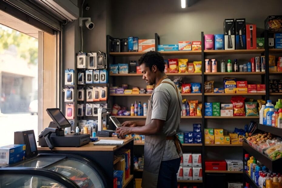 Empreendedor avaliando se o MEI vale a pena dentro do próprio comércio