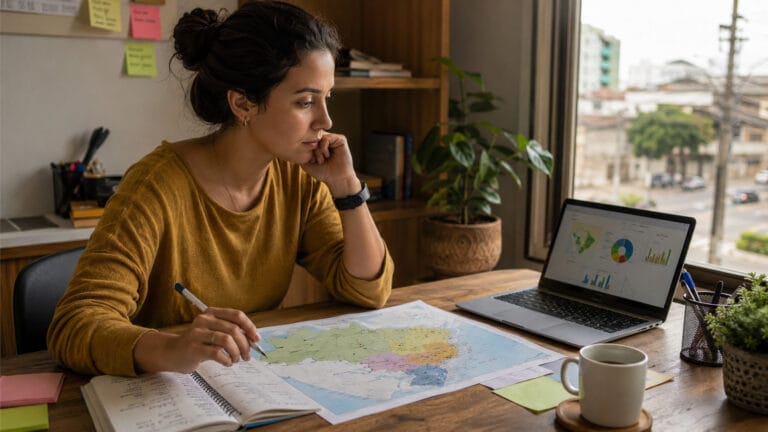Empreendedora analisando mapa para escolher a melhor cidade para empreender no Brasil