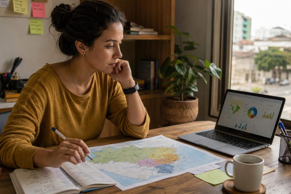 Empreendedora analisando mapa para escolher a melhor cidade para empreender no Brasil