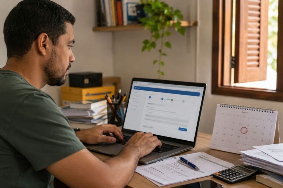 Empreendedor organizando documentos para migrar MEI para ME em home office
