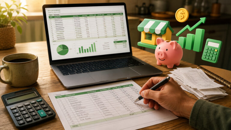 Planilha de controle financeiro para MEI sendo preenchida à mão e no notebook