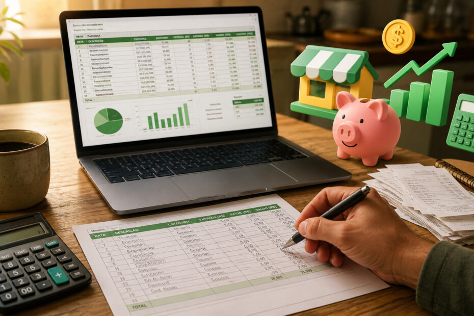Planilha de controle financeiro para MEI sendo preenchida à mão e no notebook